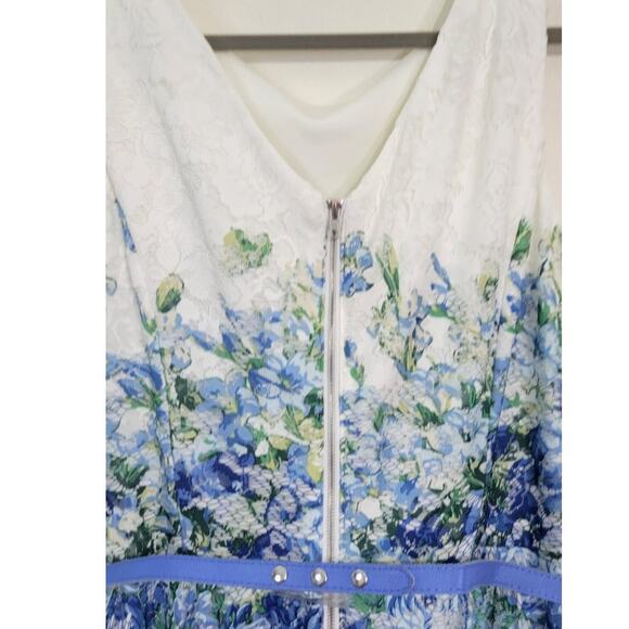 Danny and Nicole Dress Womens 12 Sleeveless Floral Lace Blue/White Belted Dress - Picture 11 of 16